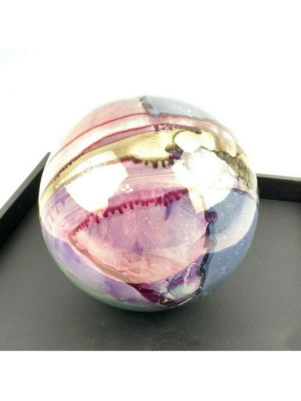 Round Ceramic Holiday Christmas Ornament 4.5 in Handmade Pink Purple Abstract - Picture 5 of 5